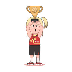 Blonde Cute Little Girl Cartoon Playing Basketball Lifting Champion Trophy