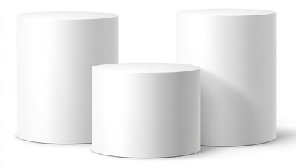 Three white cylindrical podiums, various sizes, on a white background