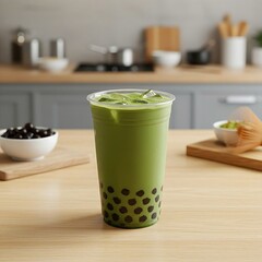 a clear plastic cup of rich matcha bubble tea with a cascade of tapioca pearls at the bottom, placed on a light wooden table. The background is a soft focus of a modern kitchen island,