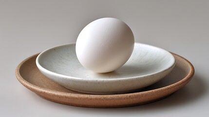 White egg resting in a ceramic bowl placed on a larger plate