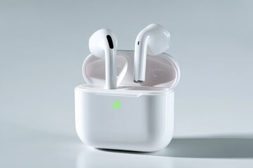 Pair of wireless earbuds with charging case on white background
