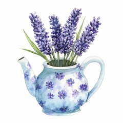 Fototapeta premium Watercolor illustration of a vintage teapot filled with a bouquet of lavender flowers. Hand-painted artwork on a white background. Ideal for rustic decor, kitchen prints, Provence-style designs