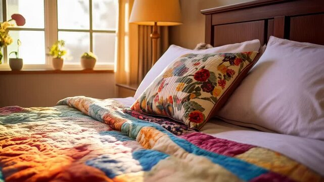 Warm, cozy bedroom scene featuring a handmade patchwork quilt, decorative pillow, and natural light from a window.