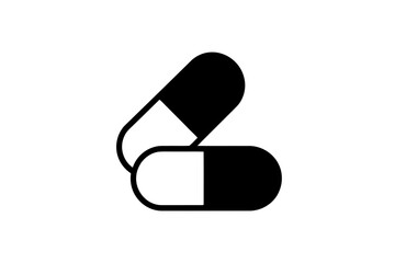 Two capsule pills in black and white illustration