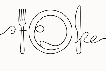 Line fork, knife and plate. Continuous one line drawing cutlery, cooking utensils restaurant logo menu linear style art vector concept.