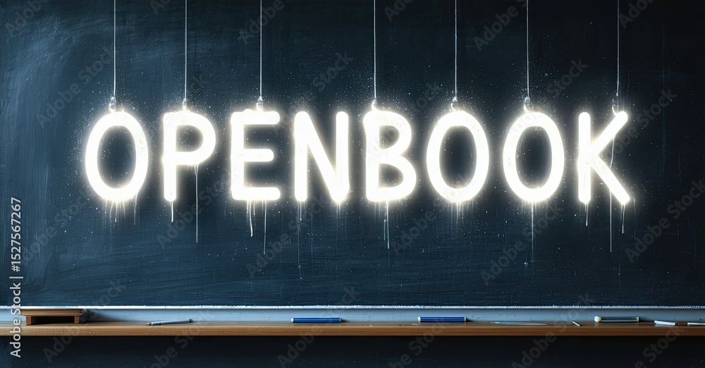 Aufkleber bright open book illustration hangs above shelf. dark background creates strong contrast, emphasizin