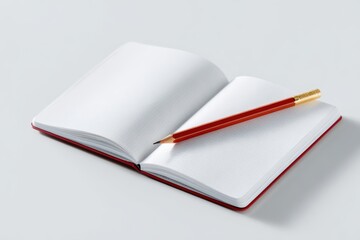 Open notebook and pencil diagonally placed on white background