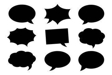 Collection of nine black speech bubbles of shapes