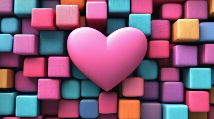 Creating a heart shape with pink color cubes studio 3d render creative environment top view artistic concept