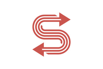 Red s shaped arrow with three lines on white background