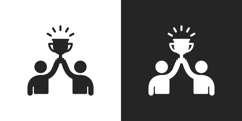 Team victory, two people holding trophy in celebration of success icon vector design