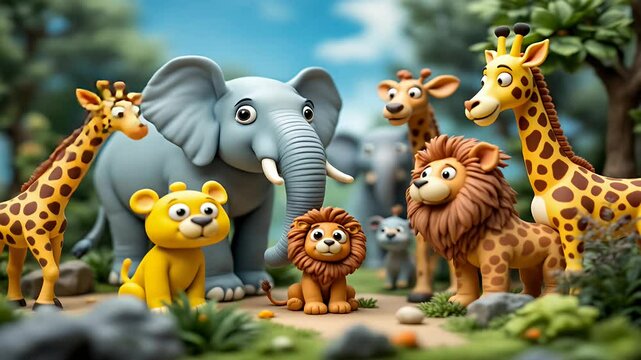 Group of cartoon animals including elephant lion giraffe and tiger standing together in lush jungle setting