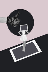 Creative art collage of person with computer face hand fine sign on pink background