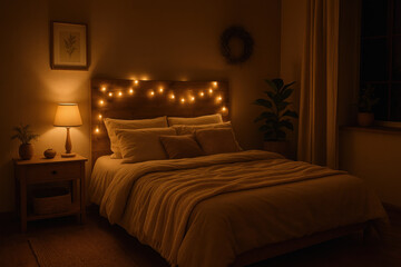 White comforter neatly draped on a bed, softly illuminated by a night light.