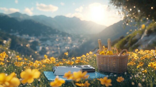 Picnic with Champagne in a Mountain View