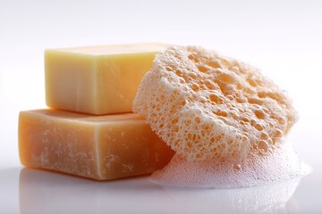 Bar of soap and sponge set on white