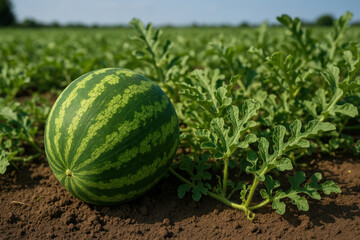Ripe watermelon in a vast field, under a vibrant summer sky.