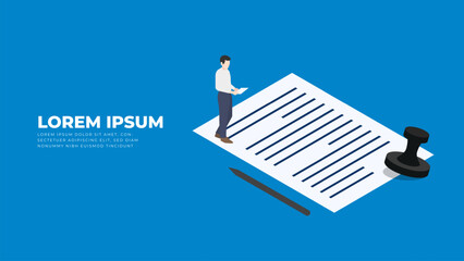 Business contract signing document with businessman with pen and stamp on isolated background. Vector banner design concept