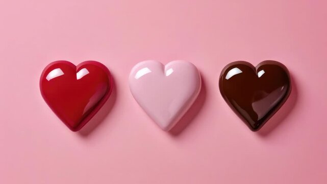 Three heart-shaped candies in a row, one each of cherry, raspberry, and chocolate flavors.