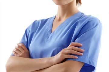 Nurse in scrubs crossing arms on white background