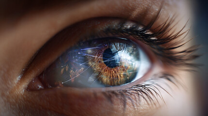 Beautiful, unusual, bright eye close-up with details of light blue iris. Ophthalmologist, buying glasses and optics, advertising vision.