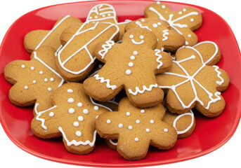 Isolated Festive Gingerbread Cookies on Red Plate Holiday Treats