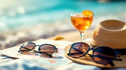 summer cocktail wanderlust. A refreshing drink with a slice of orange rests beside sunglasses and a straw hat, evoking a relaxing beach atmosphere.