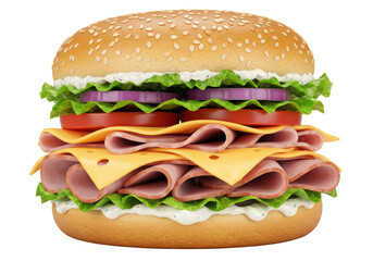 Isolated Large Ham and Cheese Sandwich with Fresh Vegetables