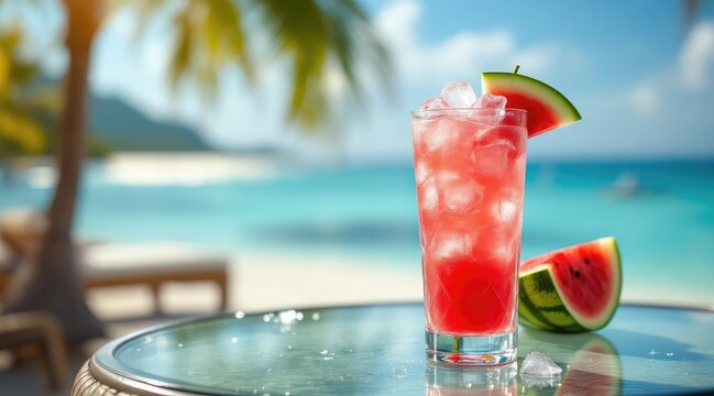 summer cocktail wanderlust. Refreshing cocktail with watermelon served on a table overlooking a serene beach and ocean in the background.