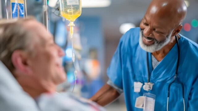 Dark-skinned healthcare worker in blue scrubs stands over a patient on a medical couch, engaging in a professional and caring conversation.

