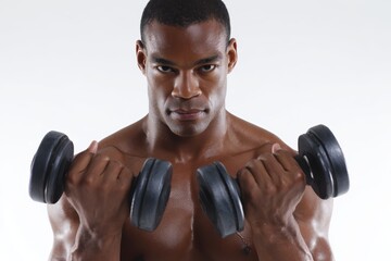 Fitness trainer showing dumbbell curl technique on white