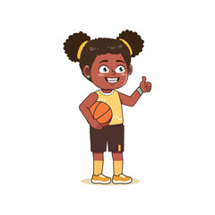 African American Cute Little Girl Cartoon Playing Basketball Thumb Up