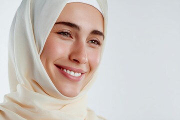 Muslim woman in hijab smiling on white background