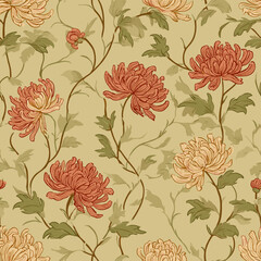 Vintage Chrysanthemum Floral Vector Pattern - Asian Traditional Style Background