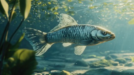 Fototapeta premium A fish swims in a sunlit underwater scene. Aquatic plant life and rocks surround it