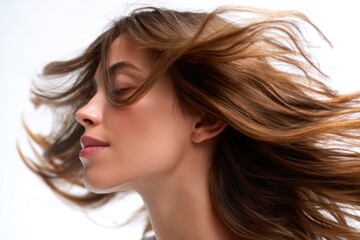 Woman with long hair flipping it in motion on white