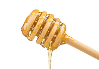 Isolated Dripping Honey from a Wooden Honey Dipper