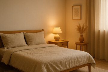 Bed with beige comforter and lamp.