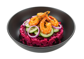 Isolated Herring Salad with Shrimp Beetroot and Cucumber