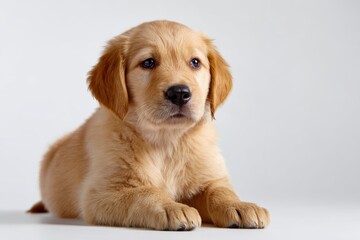 Cute golden retriever puppy sitting on white background