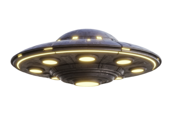Isolated Metallic Gray UFO with Glowing Lights