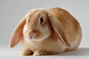 Rabbit with floppy ears sitting still on white