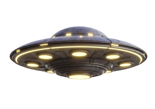 Isolated Metallic Gray UFO with Glowing Lights