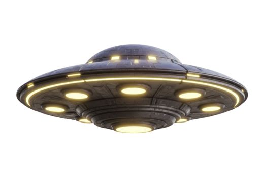 Isolated Metallic Gray UFO with Glowing Lights