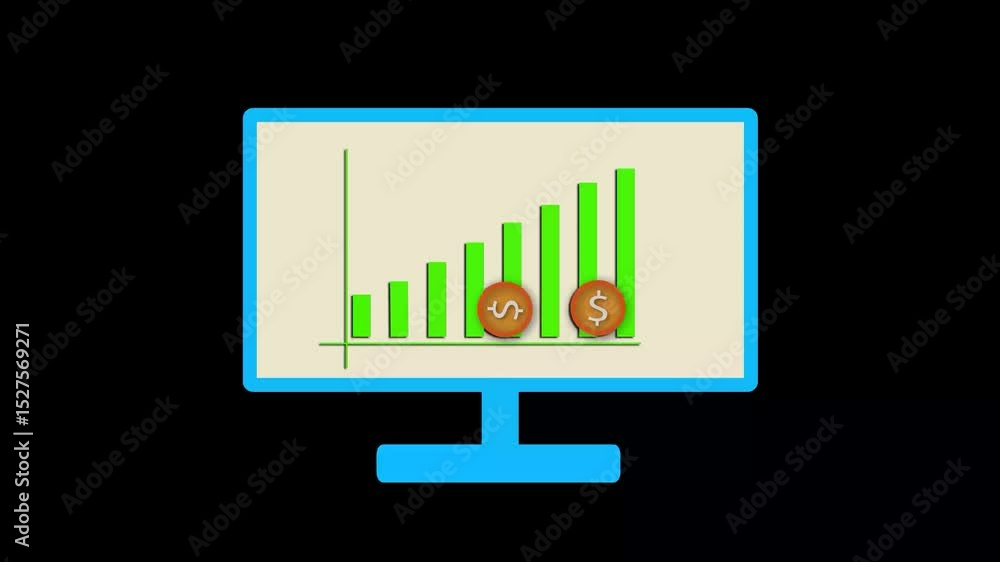Poster business animation with financial graph and coin rising on a desktop monitor representing profit and