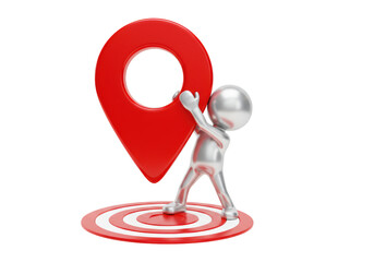 Isolated Silver Man Placing Red Location Pin on Target