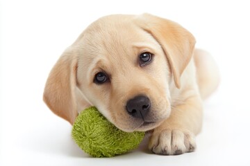 Labrador puppy holding toy in mouth on white background
