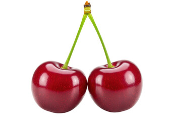 Isolated Two Fresh Red Cherries with Green Stems