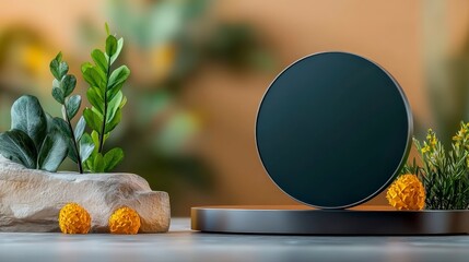 Minimalist Round Product Display: An elegant minimalist composition showcases a sleek, dark round product display amidst natural elements.