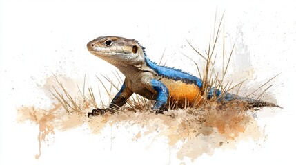 Colorful Lizard Watercolor: A striking watercolor painting of a vibrant lizard resting among dry grasses.